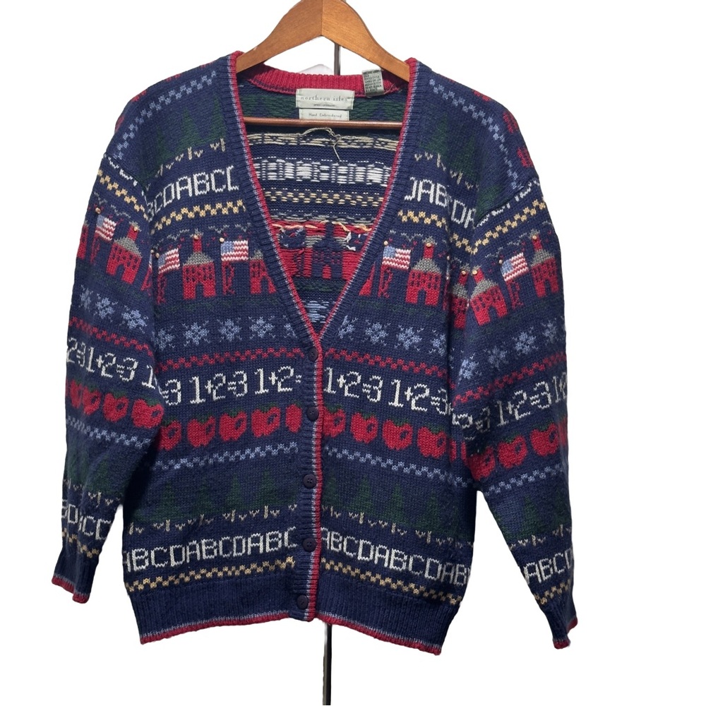 Northern Isles Vintage Cardigan Sweater Size Large ABC School Theme USA Flag